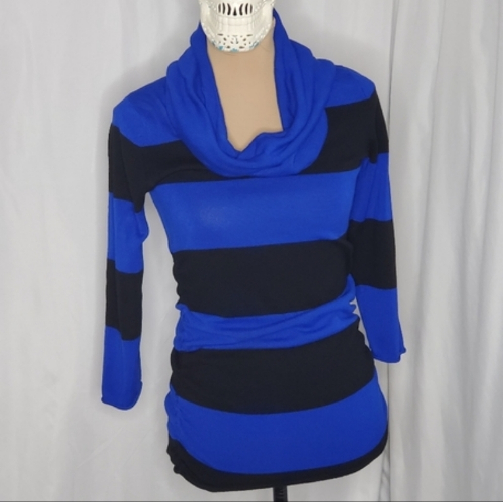 ♧ Hooked Up by I.O.T. Cowl Neck Long Blue & Black Striped Sweater Size Medium